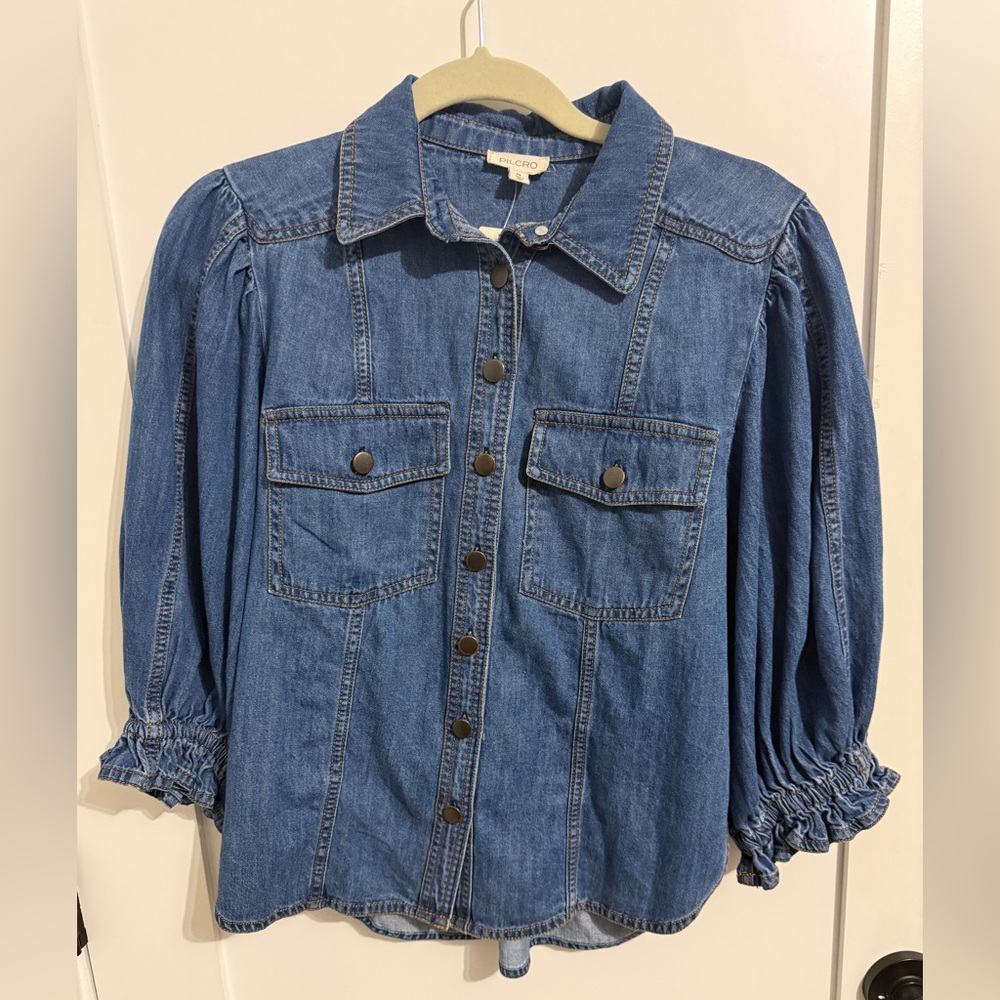 Anthropologie PILCRO puff-sleeve buttondown denim blouse jacket XS runs big
